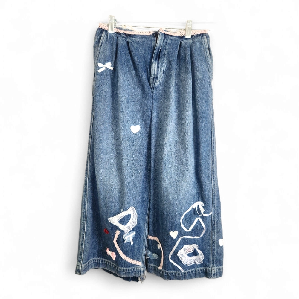 Thrashed Urban Outfitters Coquette Lace Bow Jeans Denim Maxi Skirt Size 25 Grung
